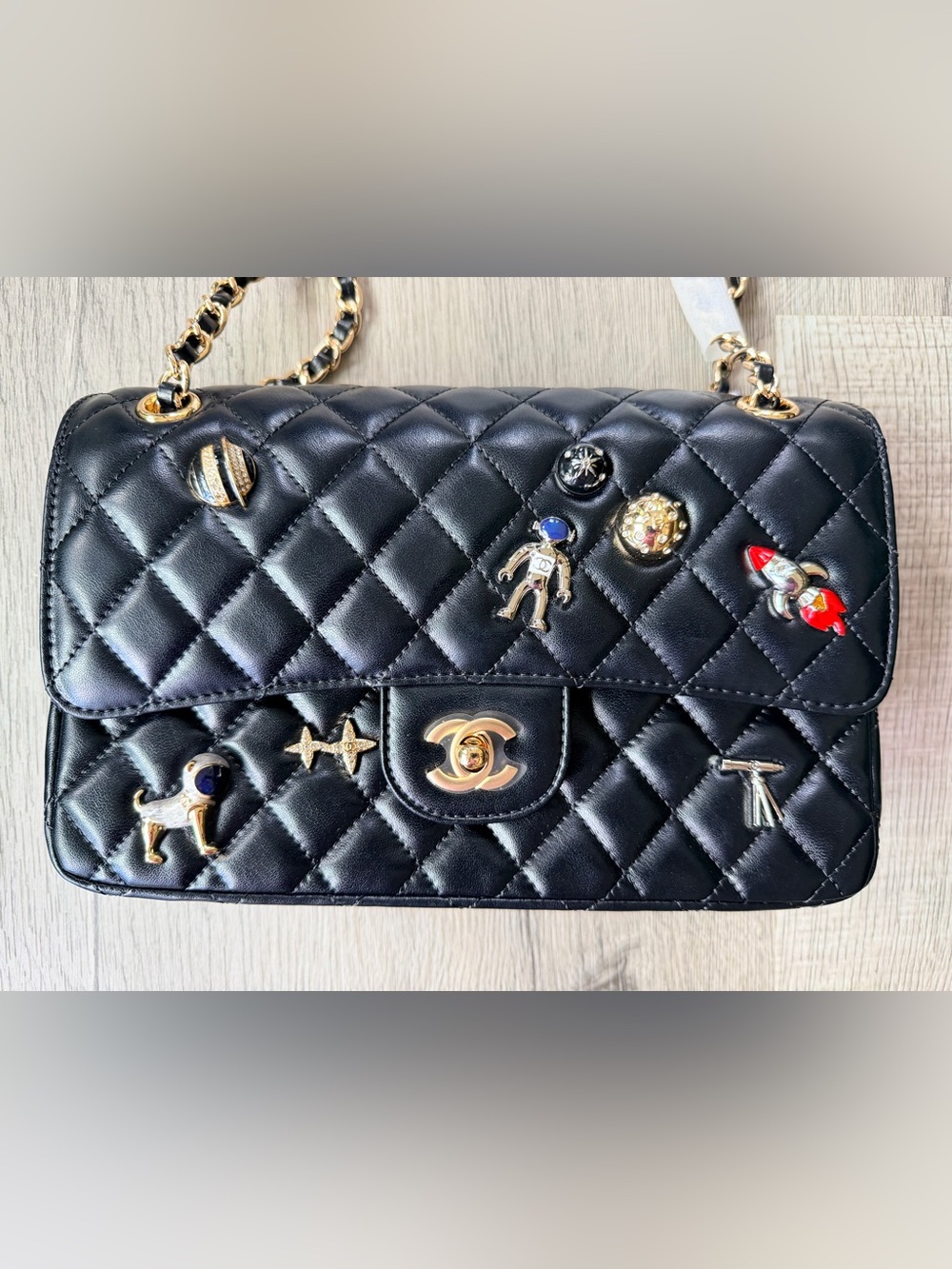 NEW in Box FULL SET FASHION NOT AUTHENTIC BLACK Space Handbag with Gold Hardware - Picture 2 of 14